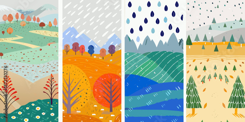 Four seasonal landscapes depicting spring summer autumn and winter illustrations