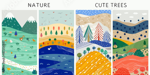 Four illustrated landscape banners featuring mountains trees and charming natural scenes