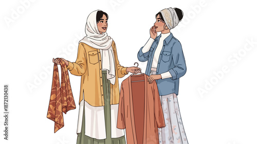 Two women in headscarves comparing clothing against a plain white background.