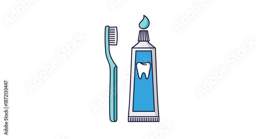 Simple flat illustration of a light blue toothbrush next to a tube of toothpaste with a drop on the tip.