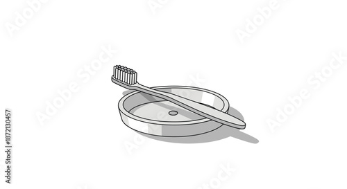Grey line art illustration of a manual toothbrush resting across a small round ceramic dish with a drop shadow.