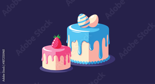 Two delicious decorated cakes, one blue with eggs and one pink with a strawberry, shown on a dark purple background.