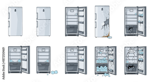 Series of ten illustrations showing various states of a refrigerator from clean and empty to damaged and overflowing with ice.