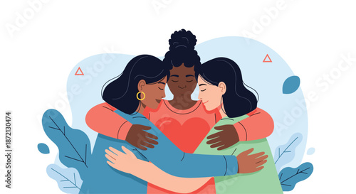 Three women of different ethnicities sharing a meaningful group hug with a heart symbol on one's shirt to show love and support.