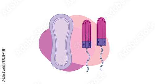 Illustration of a purple menstrual pad and two pink tampons representing feminine hygiene products for period care.