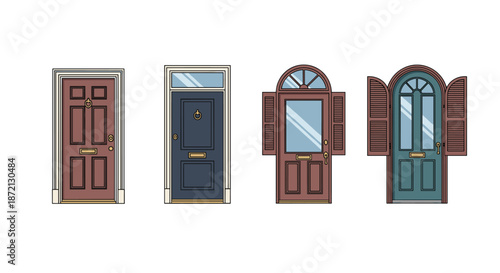 Collection of four traditional front door designs in different colors including red, navy blue, and green with glass panels.