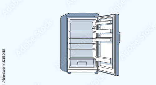 Open door of a light blue retro-style refrigerator showing empty shelves and a clean white interior compartment.
