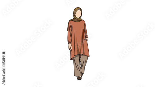Full-body illustration of a woman wearing a long orange tunic and brown pants against a white background.