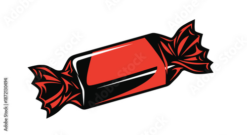 Single wrapped candy in a red foil package with black accents shown as a stylized vector graphic on a white background.