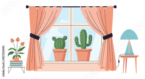Cozy interior scene featuring a window with peach curtains, two cacti on the sill, a lamp, and a potted plant on books.