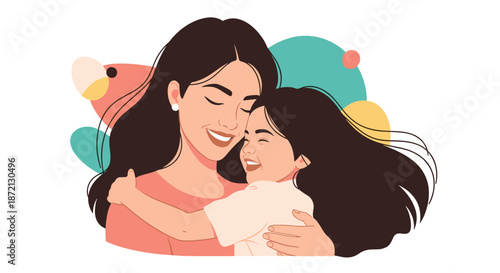 Loving mother and her young daughter sharing a sweet hug with happy expressions and closed eyes against a colorful background.
