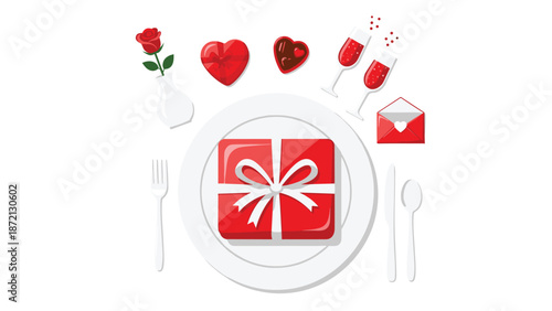 Romantic dinner place setting featuring a red gift box, rose, chocolates, champagne flutes, and a love letter, ideal for a special date.