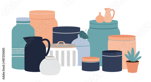 Collection of diverse ceramic pots, jars, and vases in muted tones of blue, peach, and black forms an artistic indoor still life.