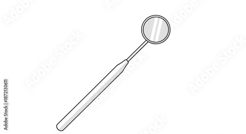 Single metal dental mirror with a long handle and a round reflective surface lies diagonally on a white background.
