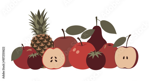 Assortment of red apples, a pineapple, tomatoes, and a pear are grouped together in a colorful fruit still life.