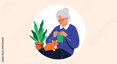 Elderly woman with gray hair and glasses sits knitting green fabric while a ginger cat rests on her lap inside a cozy home.