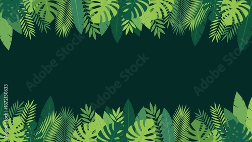 A vibrant arrangement of tropical monstera and palm leaves creates a lush frame