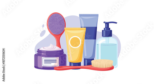 Assortment of beauty products including a jar of cream, tubes, a pump bottle, and brushes is displayed together.