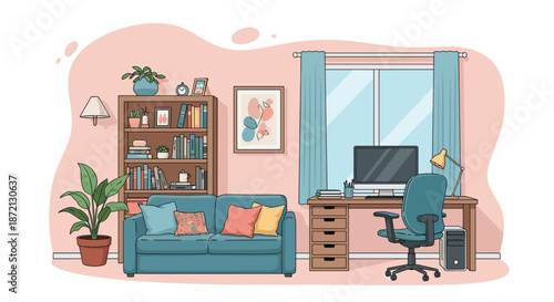 Cozy home office features a teal sofa, a wooden desk with a computer, a tall bookshelf, and a large window with blue curtains.