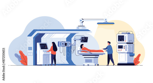 Patient undergoes a medical scan in a modern hospital room with doctors operating advanced diagnostic equipment.