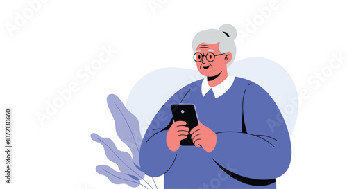 Elderly woman with gray hair and glasses is smiling while looking at the screen of a black smartphone in a modern setting.