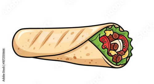 Tightly rolled burrito filled with meat, tomatoes, lettuce, and onions is shown against a white background for food menu.
