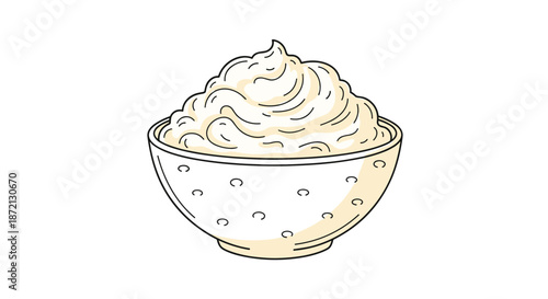 Small white ceramic bowl with a dotted pattern is filled with a high swirl of thick white whipped cream or sweet dessert dip.