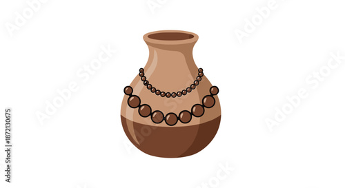 Brown ceramic pot is decorated with two necklaces of round beads and a darker base on a white background for decoration.