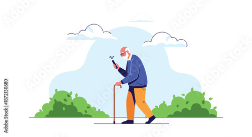 Elderly man with a white beard walks outdoors using a cane while looking at a smartphone screen in a public park setting.