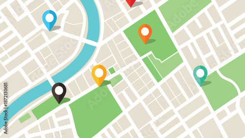 An overhead view of a city map with several colorful location pin markers