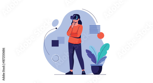 Woman stands wearing a virtual reality headset and thinking while surrounded by abstract shapes and a potted indoor plant.