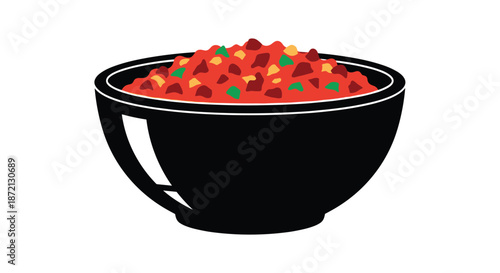 Large black bowl is filled to the brim with a chunky red stew containing pieces of meat, beans, and green vegetables.