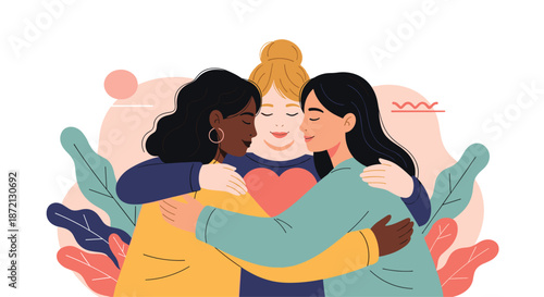 Three diverse women embrace in a warm group hug with a heart symbol and colorful leaves in the background for solidarity.