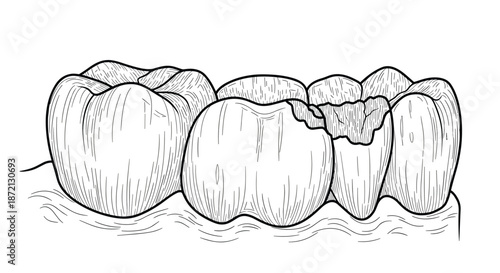 Detailed black and white engraving-style illustration shows three molars, one with a significant cavity, in the jaw.