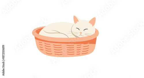 Sleeping white cat is curled up comfortably in a peach-colored wicker basket against a white background for pet concepts.