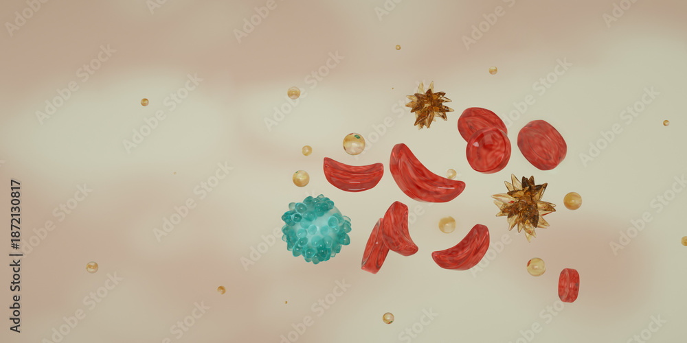 Obraz premium Sickle Cell Disease, red blood cells become crescent-shaped. Red Blood Cells, White Blood Cells and Platelets.
