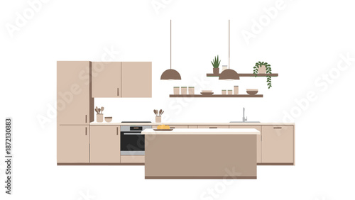 Modern and minimalist kitchen interior with light-colored cabinets, an island, and hanging pendant lights, designed for contemporary living.