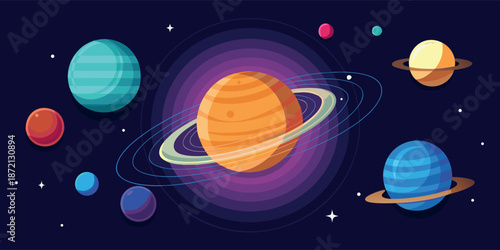 Flat Design Solar System Illustration with Planets and Stars in Outer Space
