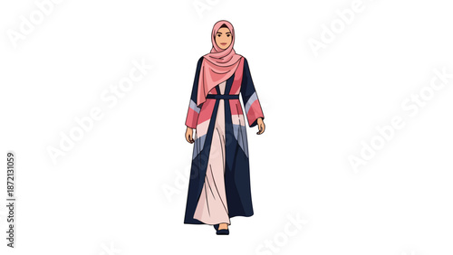 Illustration of a woman wearing a long pink and navy blue abaya with a hijab against a white background.