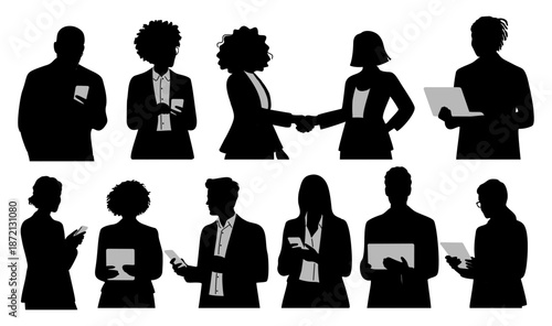 Vector silhouette set of diverse business professionals using smartphones and tablets and shaking hands, isolated on transparent background.