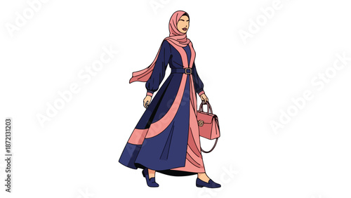 Illustration of a woman wearing a blue and pink hijab and dress walking with a handbag against a white background.