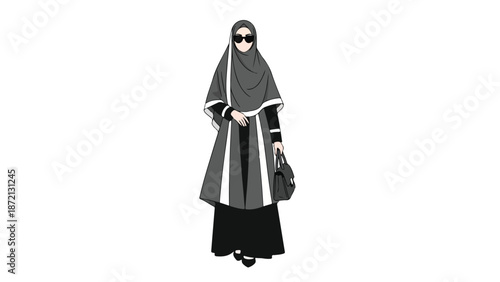 Illustration of a woman wearing a gray and white abaya with a niqab and sunglasses standing against a plain white background.