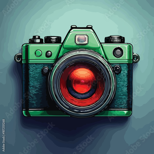 Vintage Green Camera with Red Lens - A Nostalgic Photographic Icon.
