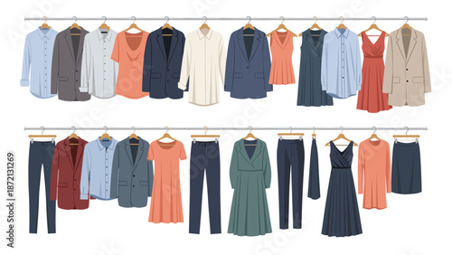 Extensive wardrobe display of men's and women's clothing, including shirts, dresses, suits, and pants, on hangers in a closet.