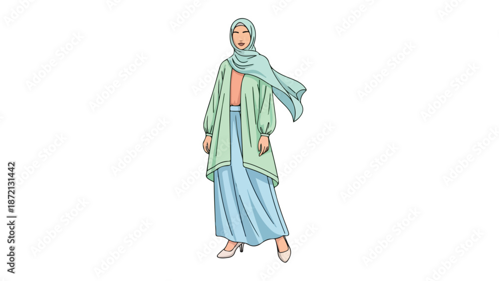 Fototapeta premium Full-body illustration of a woman wearing a long green coat, blue dress, and headscarf against a white background.
