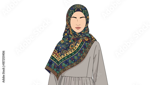 Illustration of a woman wearing a colorful hijab and a gray dress against a plain white background.