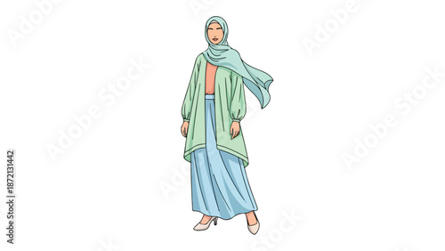 Full-body illustration of a woman wearing a long green coat, blue dress, and headscarf against a white background.