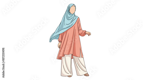 Illustration of a woman wearing a hijab and traditional clothing standing against a white background.