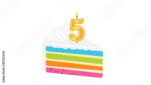 Slice of colorful rainbow birthday cake topped with a number five candle, celebrating a fifth anniversary or birthday.