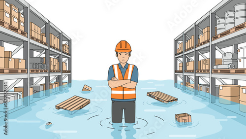 Frustrated warehouse worker standing in a flooded warehouse amidst floating pallets and boxes, depicting a serious storage facility problem.